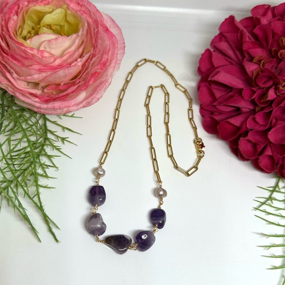 NEW⚜️Amethyst & Baroque Pearl Handmade Necklace - Picture 1 of 7